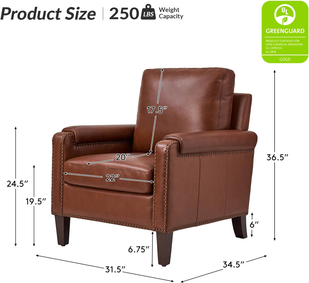 Genuine Leather Accent Chair with Solid Wood Legs, Brown