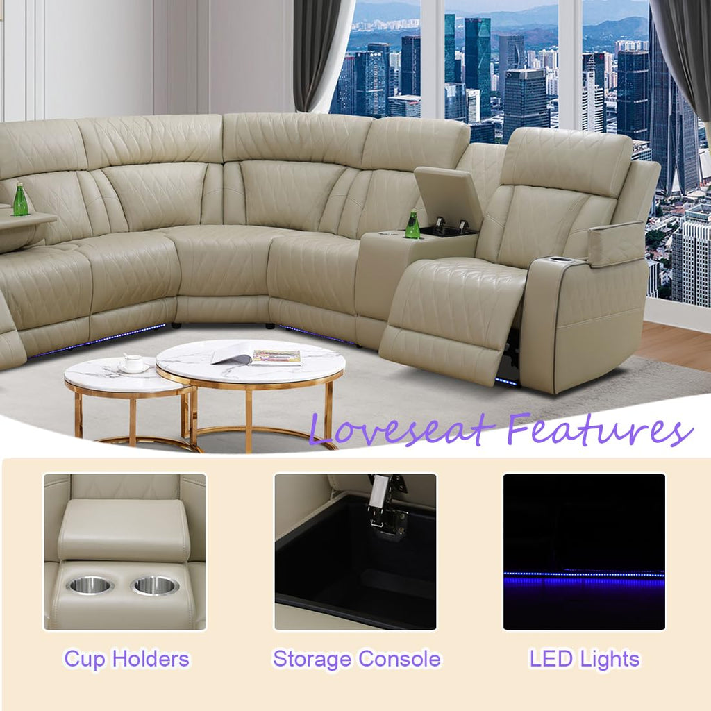 Brown Leather Recliner Sectional Couch with LED, Power Sectional Sofa and Loveseats, Power Recliner Sofa Set