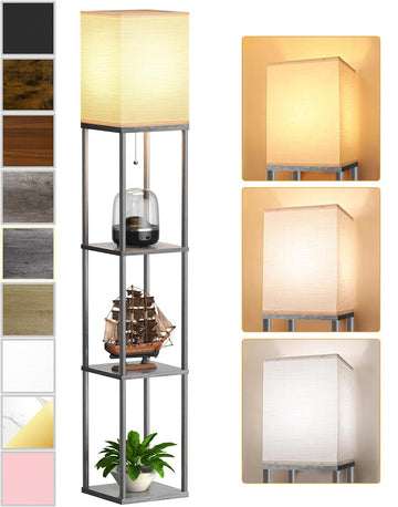 Floor Lamp with Shelves, Shelf Floor Lamp with 3 CCT LED Bulb, Corner Display Standing Column Lamp Etagere Organizer