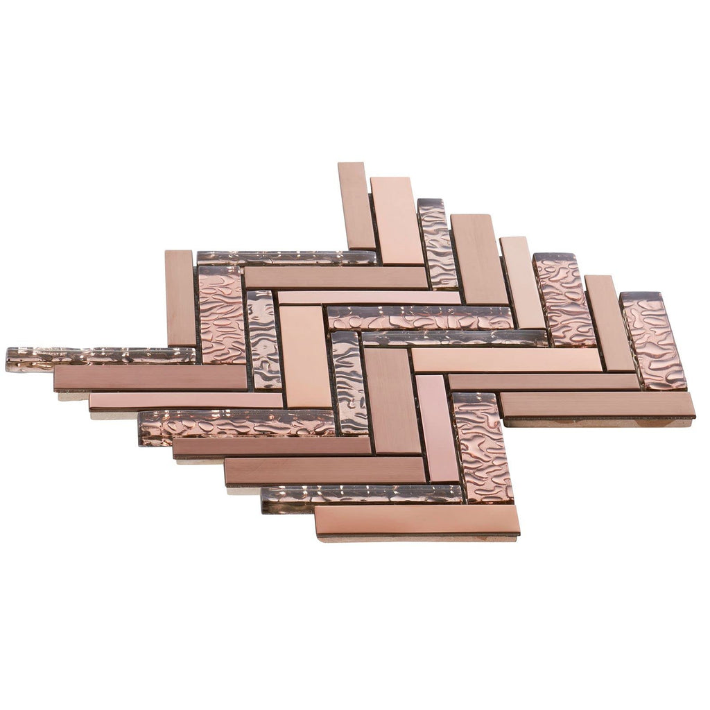 Herringbone Rose Gold Copper Stainless Steel Blended Glass Metal Mosaic Tile Mesh Mounted Backsplash
