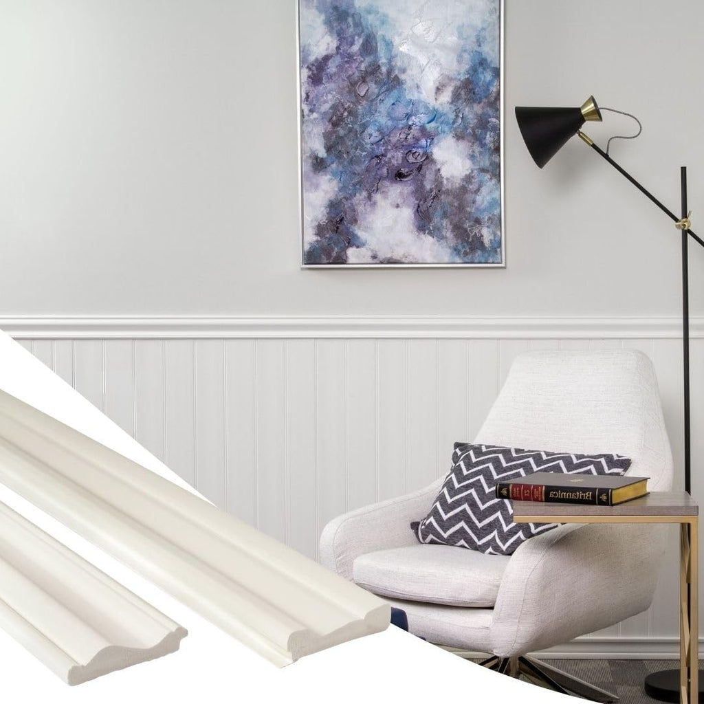 PVC Wainscoting Trim Kit, Waterproof Chair Rail & Base Molding, White, 2-Pc