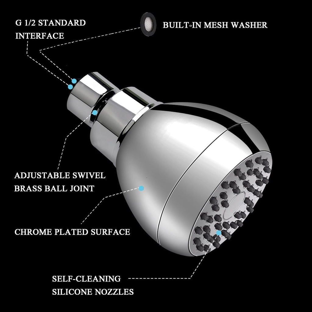 High Pressure Shower Head 3 Inches Anti-clog Anti-leak Fixed Showerhead Chrome with Adjustable Swivel Brass Ball Joint