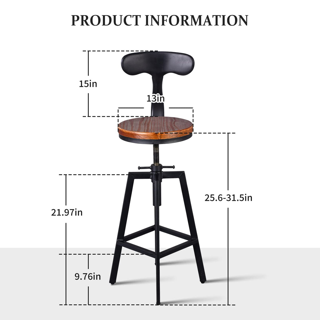 Industrial Bar Stools, Kitchen Dining Chair, Wood Top Stool, Adjustable Height Swivel Counter Height Bar Chair with