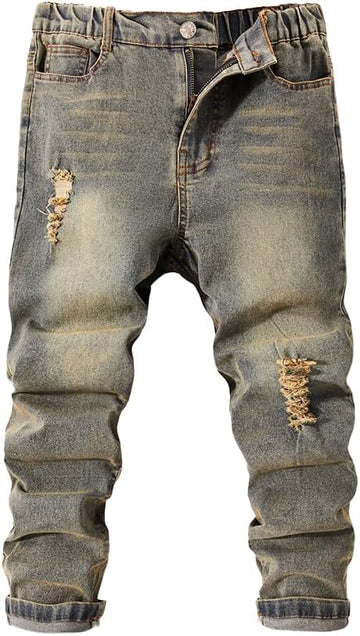 Tween Boys Jeans Retro Distressed Washed Ripped Frayed Stretch Blue Zipper Fly Denim Pants with Five Pockets