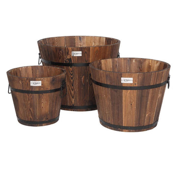 3 PCS Large Wooden Planter Barrel Set, 11.5"(Dia)- 18"(Dia) Real Wood Indoor/Outdoor Flower Pot w/Drainage Holes