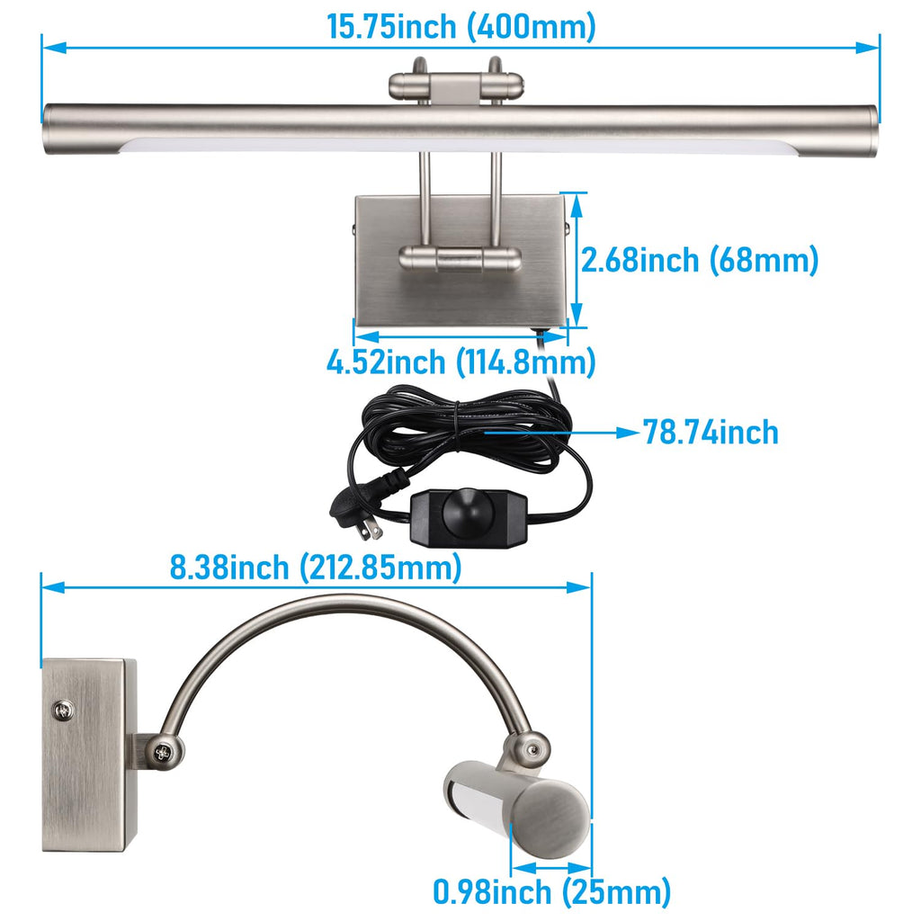 3CCT Dimmable LED Picture Light, CRI90, Adjustable, Satin Nickel
