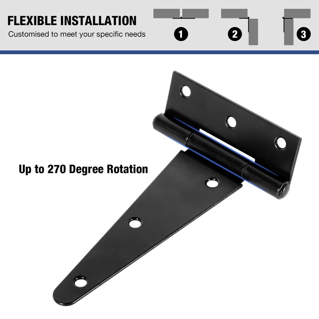 T Strap Black Gate Door Hinges 6 Inch for Wood Shed 2.5mm 4 Pack