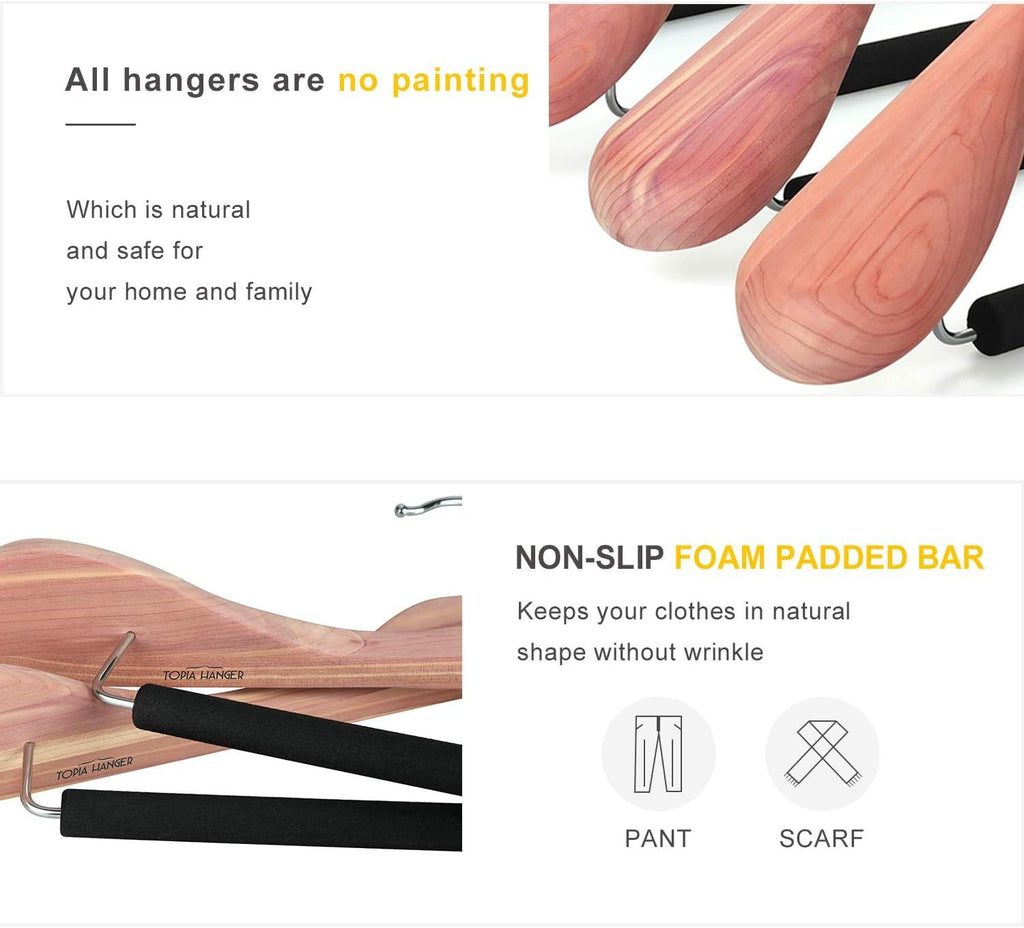 American Red Cedar Wide Shoulder Wooden Hangers 8 Pack, Luxury Wood Suit Coat Hangers with Black Padded Pant Bar-360°