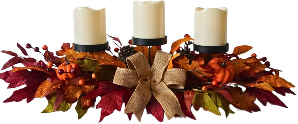 26 Inch Fall Candle Holder Centerpiece with Pumpkins and Burlap Bow | 3 Black Candle Cups with Maple Leaves, Mini