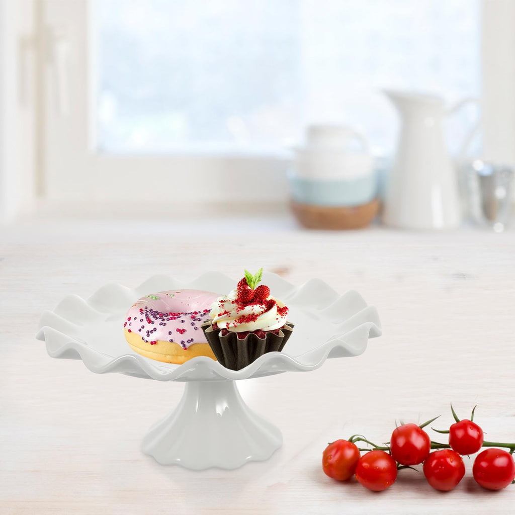 Ceramic Cake Stand White Decorative Dessert Display Plate Footed Wavy Edge Cake Stand for Snacks Cookies Fruit Salad