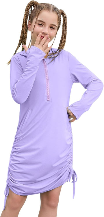 Girls Swim Cover Up Long Sleeve Hooded Zip Dress with Pockets