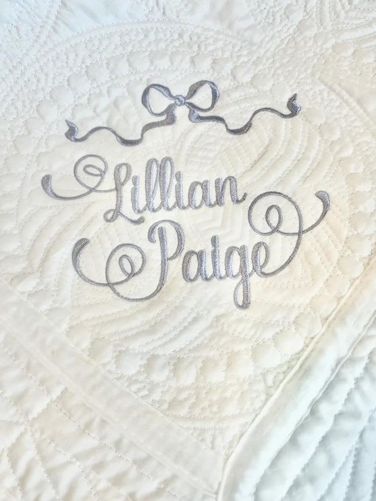 Personalized Baby Blanket Quilt with Name, Custom Embroidered Monogrammed and Bow Nursery Blankets Heirloom Quilt