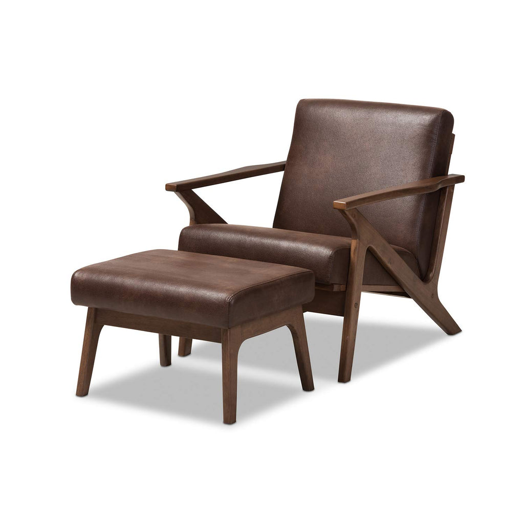 Inspired Eames Style Bianca Mid-Century Modern Walnut Wood Dark Brown Distressed Faux Leather Lounge Chair and Ottoman