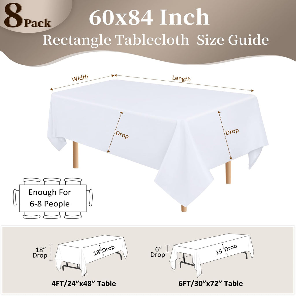 8 Pack 60 x 84 Inch White Rectangle Table Cloth for 4 Foot Tables