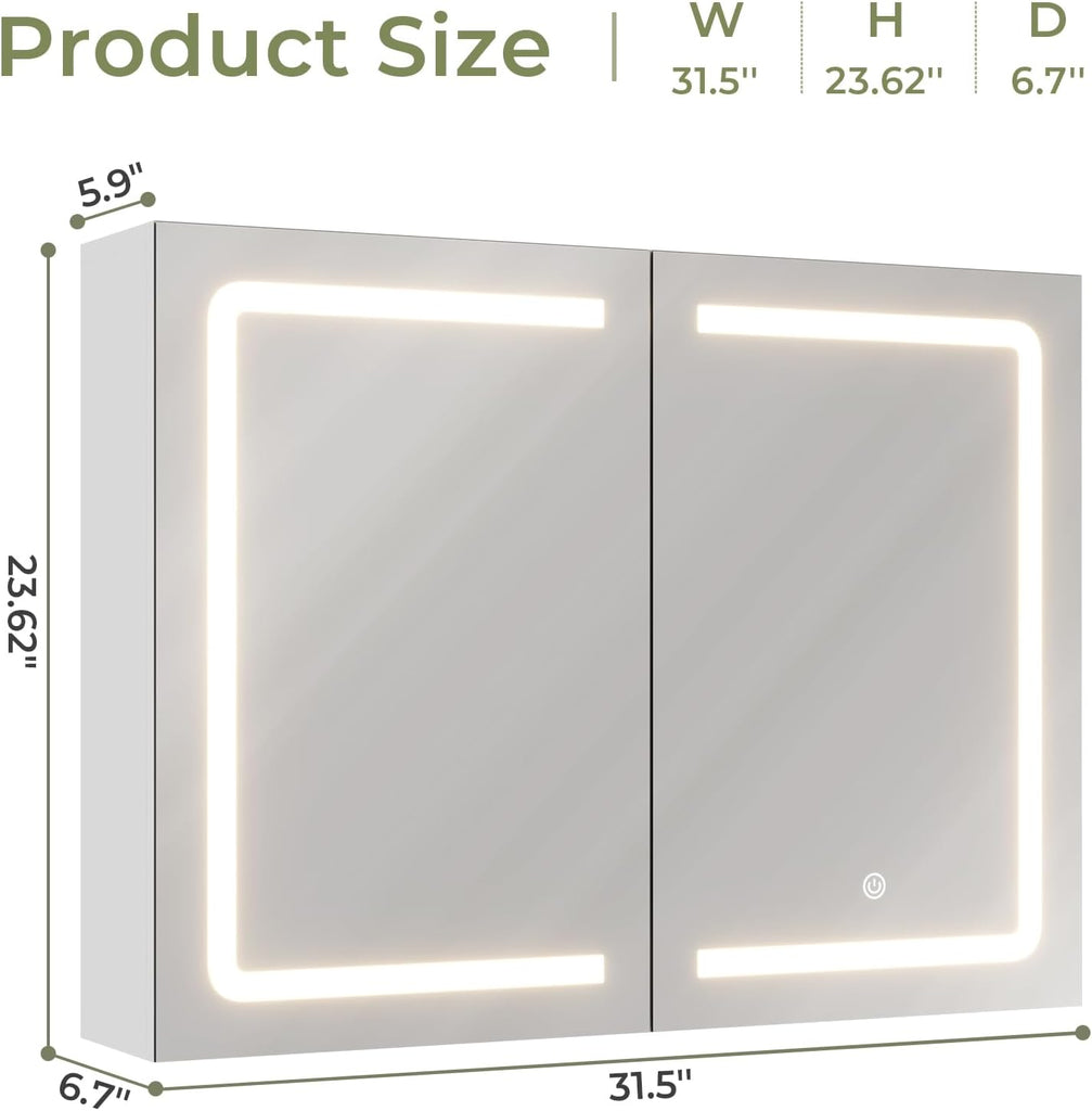 Medicine Cabinet with Mirrors and Storage 31.5''x23.6'' Wall Mounted Bathroom Mirror Cabinets with Led Lights Double