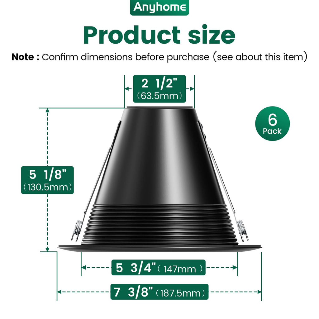 6 Pack 6" Recessed Can Light Trim,for 6 Inch Can,Black,All-Metal