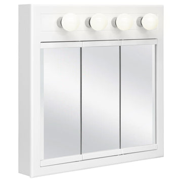 Concord Medicine Cabinet, 3 Mirrored Doors, Pre-Assembled, Surface Mount, 4 Lights, White Wood Frame Wall Cabinet, 30