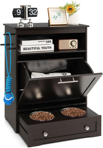 Pet Feeder Station, Dog Food Storage Container With Double Pull Out Bowls, Food Toy Organizer Cabinet, Feeding