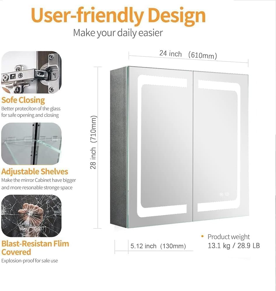 Stainless Steel LED Medicine Cabinet,Bathroom Mirror Cabinet with Light,3 Color,Dimmable,Equipped with Defogger,USB