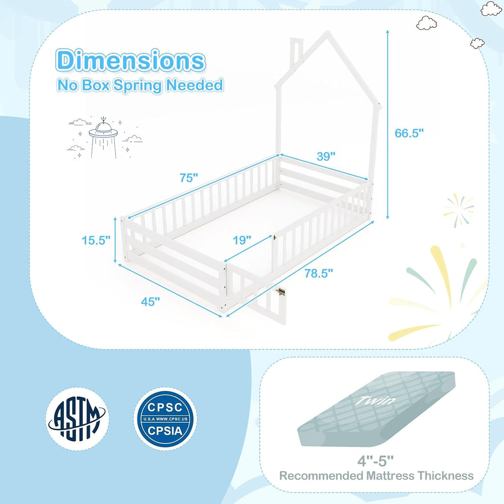 Floor Bed, House-Shaped Montessori Bed Frame with Headboard, Full-Length Guardrail, Chimney & Solid Wood