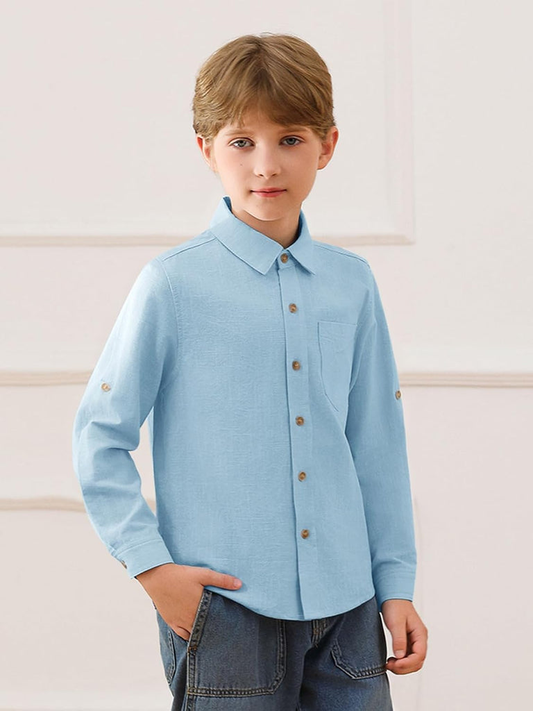 Boys Linen Button Down Dress Shirt Long Sleeve Tops