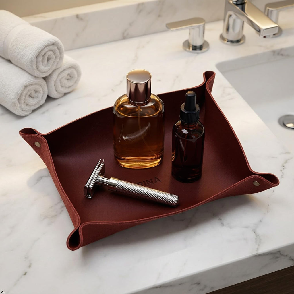 Personalized Leather Valet Tray - Made in USA - Custom Monogramed Full Grain Leather Catchall Tray for Men, Desk