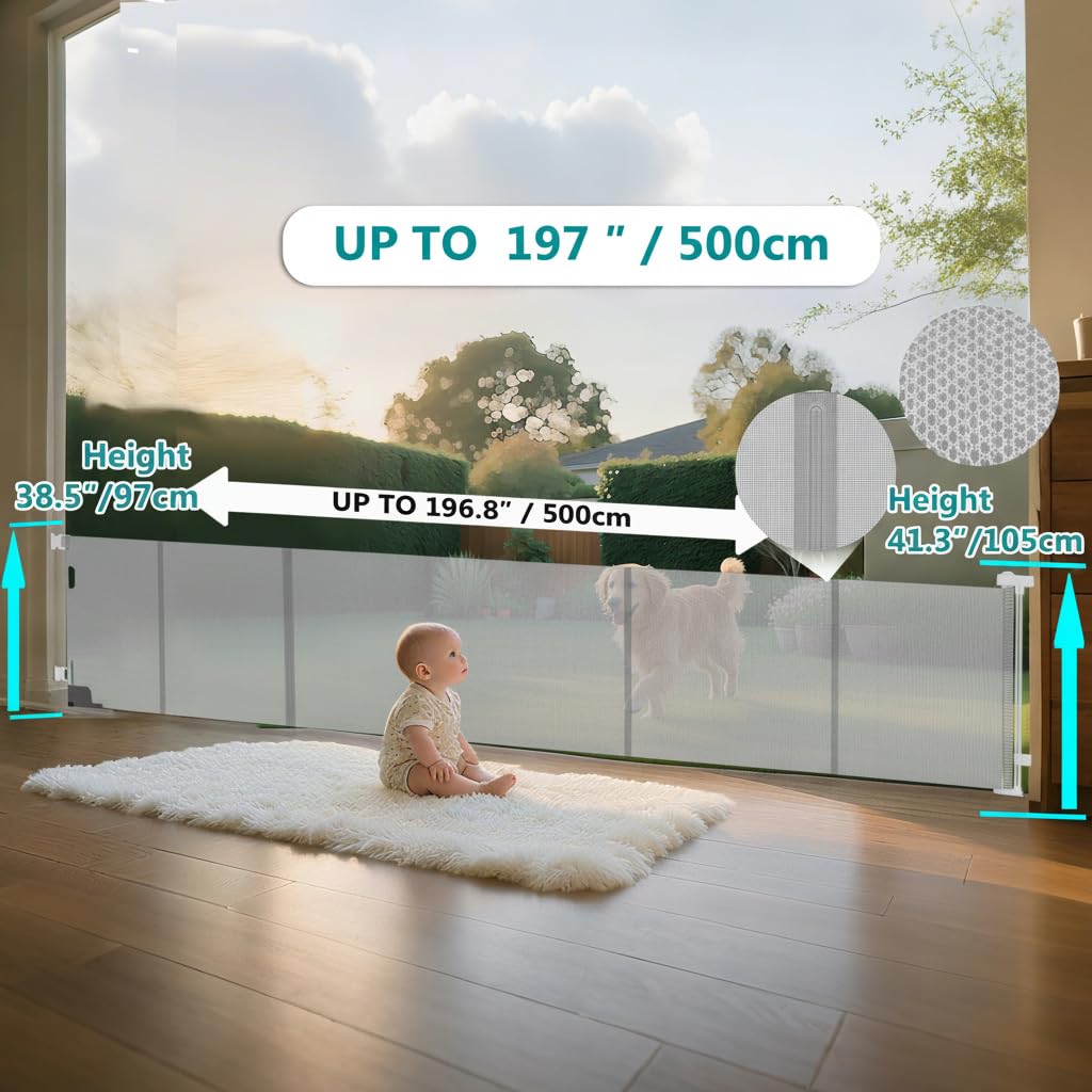 200 Inch Extra Wide Retractable Baby Gate,Mesh Baby Gate or Mesh Dog Gate,34" Tall,Child Safety Gate for Doorways