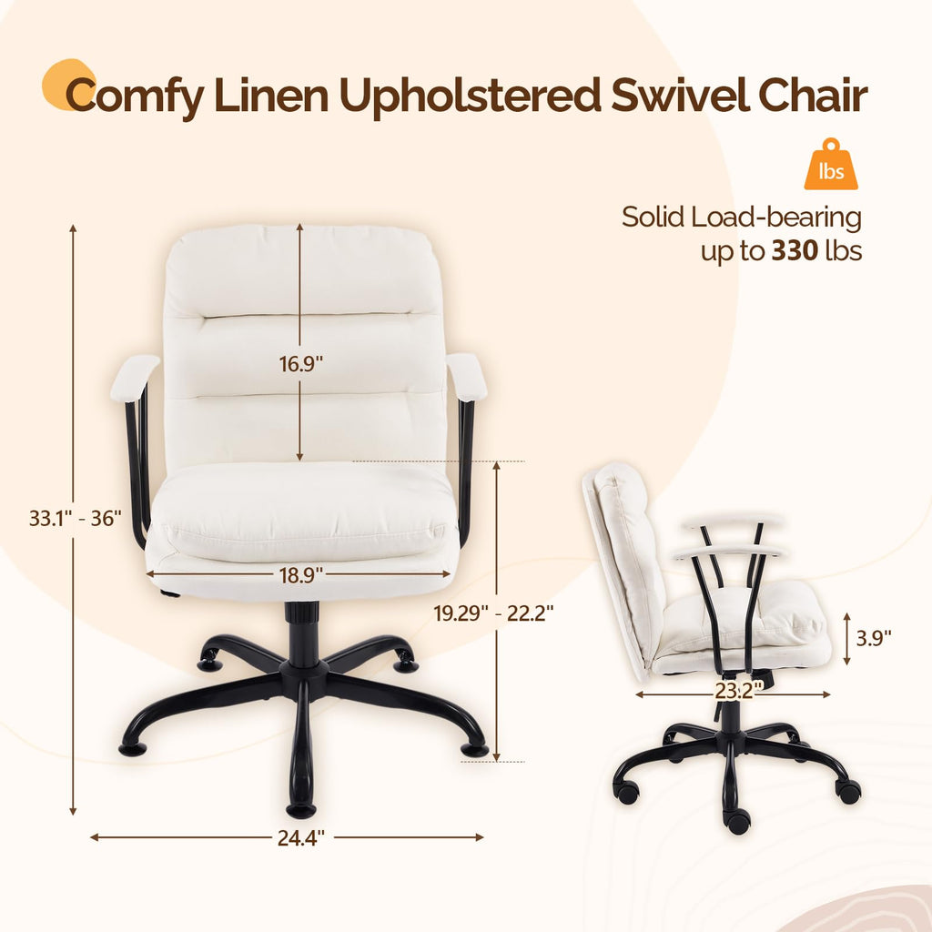 Padded White Desk Chair with/No Wheels, Dual-Base, Removable Armrests, Adjustable Comfy Rolling Swivel Computer Task