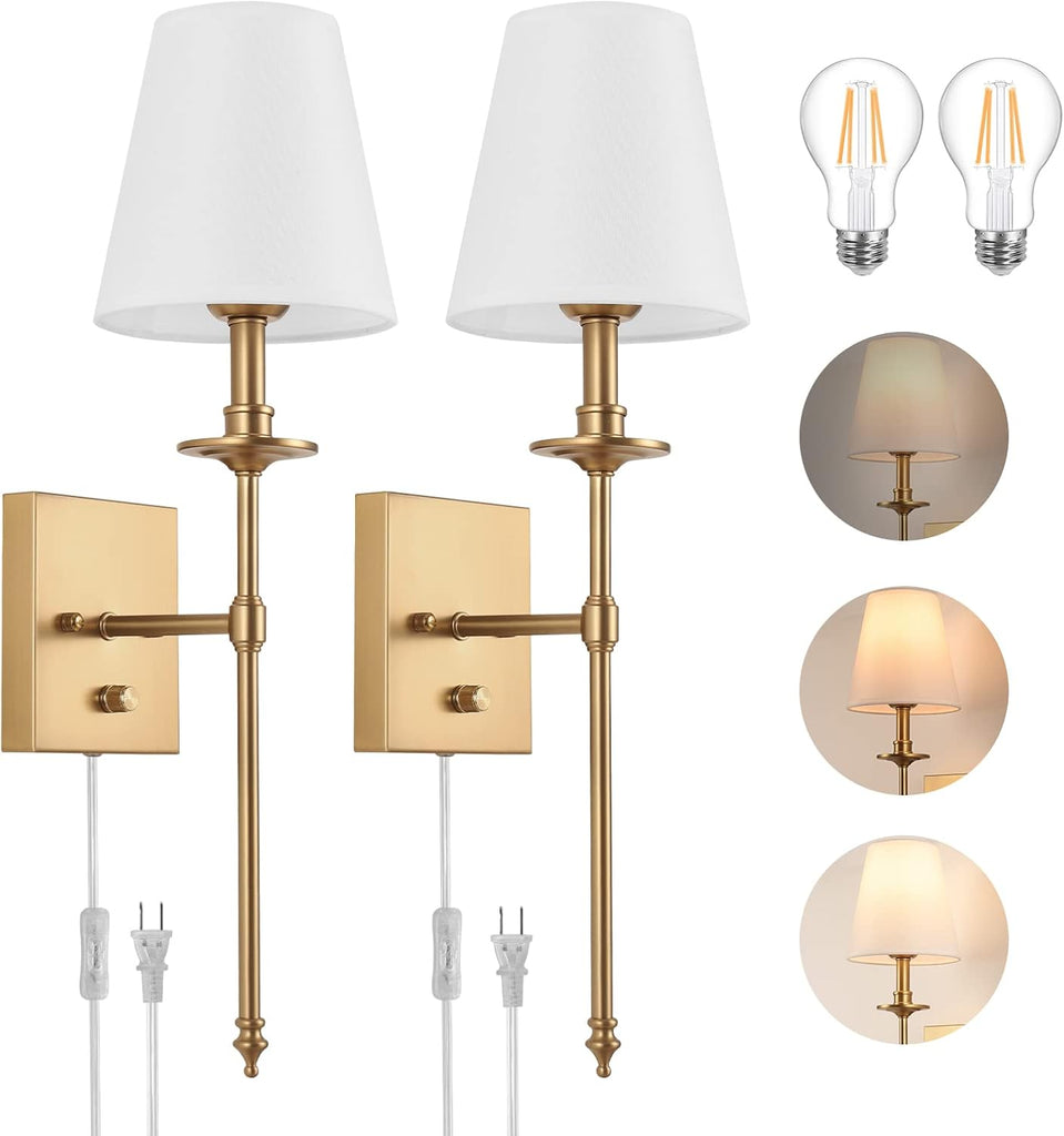 Dimmable Wall Sconces Set of Two, Plug in Wall Sconces White Fabric Shade, Wall Lamp for Bedroom, Living room, Plug