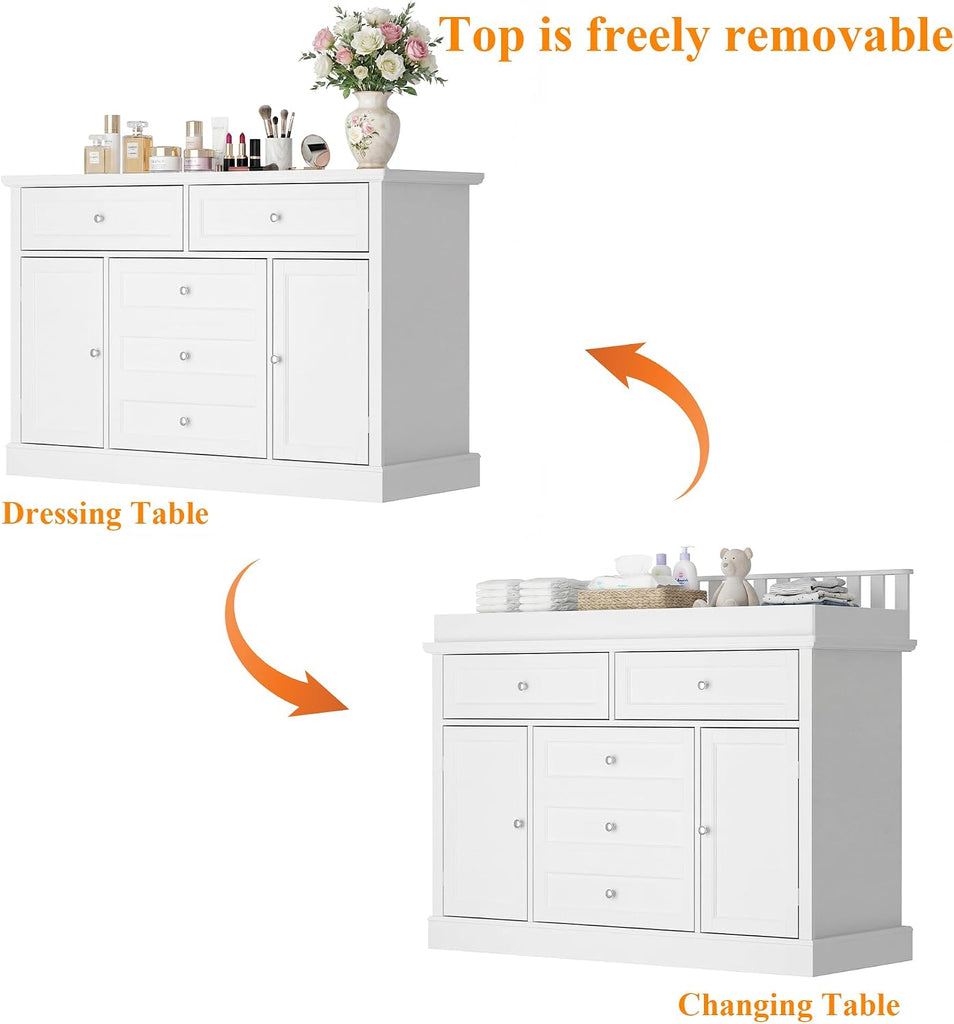 46" Baby Dresser with Changing Table Top, White Dresser with Storage Drawers and Doors, Multifunctional Nursery Baby