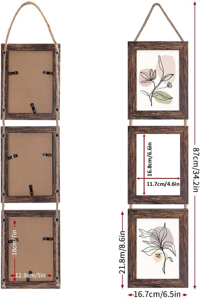 Wall Hanging 5x7 Picture Frames Set of 2, Vertical Collage Distressed Brown Triple Frame Made to Display 5 by 7 inch