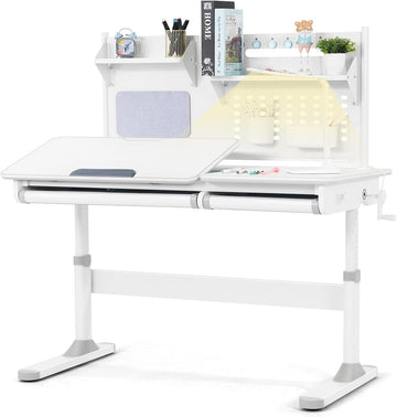 Kids Study Desk, Height Adjustable Children School Desk w/Hutch, LED Lamp