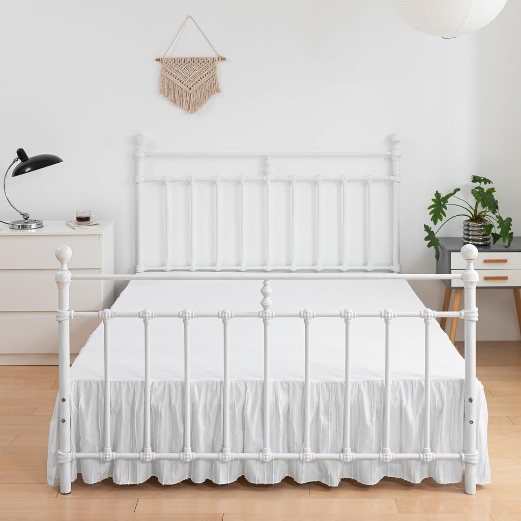 Bed Skirt Queen Size, Ruffled Bed Skirts 14 Inch Drop, White | Striped Boho Tufted, with Split Corners, Easy Fit