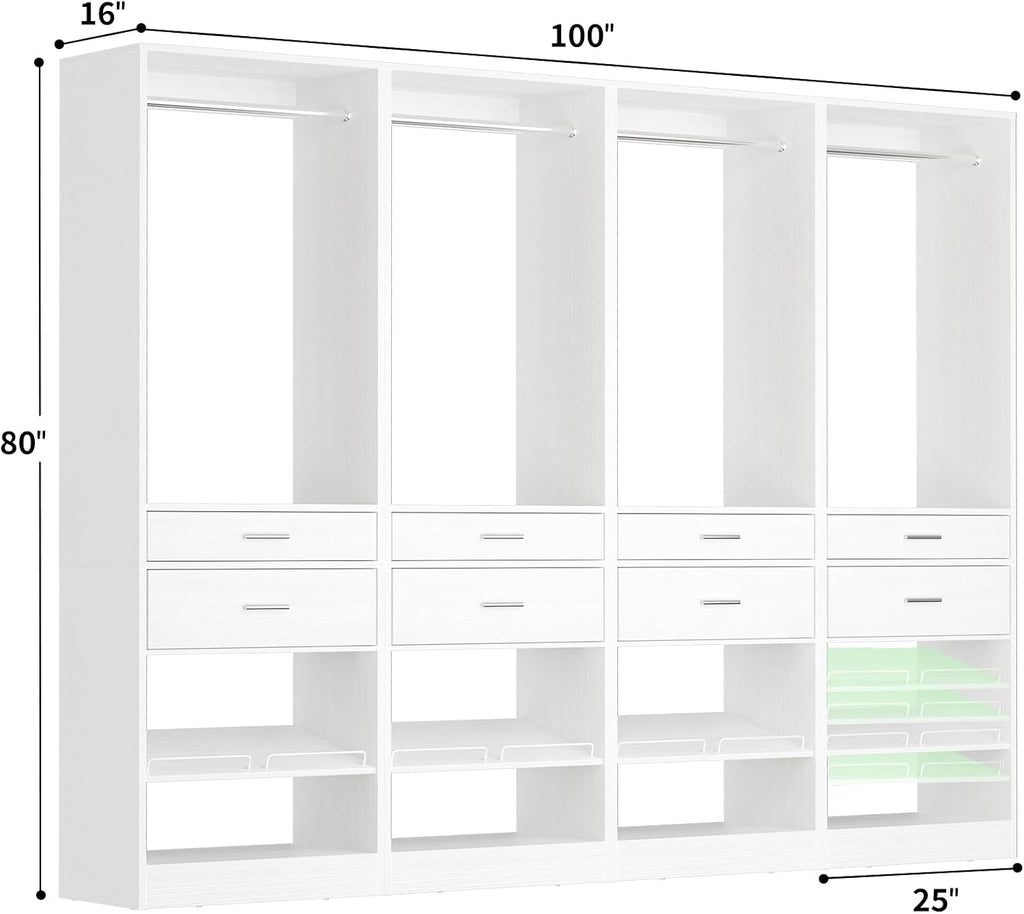 Closet System, 8.3FT Closet Organizer with 8 Wooden Drawers, 4 Hanging Rods, Adjustable Shoe Rack, Easy Assembly