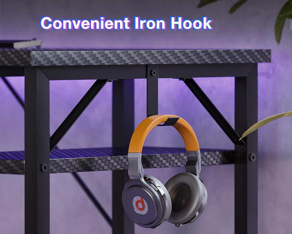 53 Inch L Shaped Gaming Desk with Hutch & Headphone Hook | Black Corner Computer Table with LED light & Storage