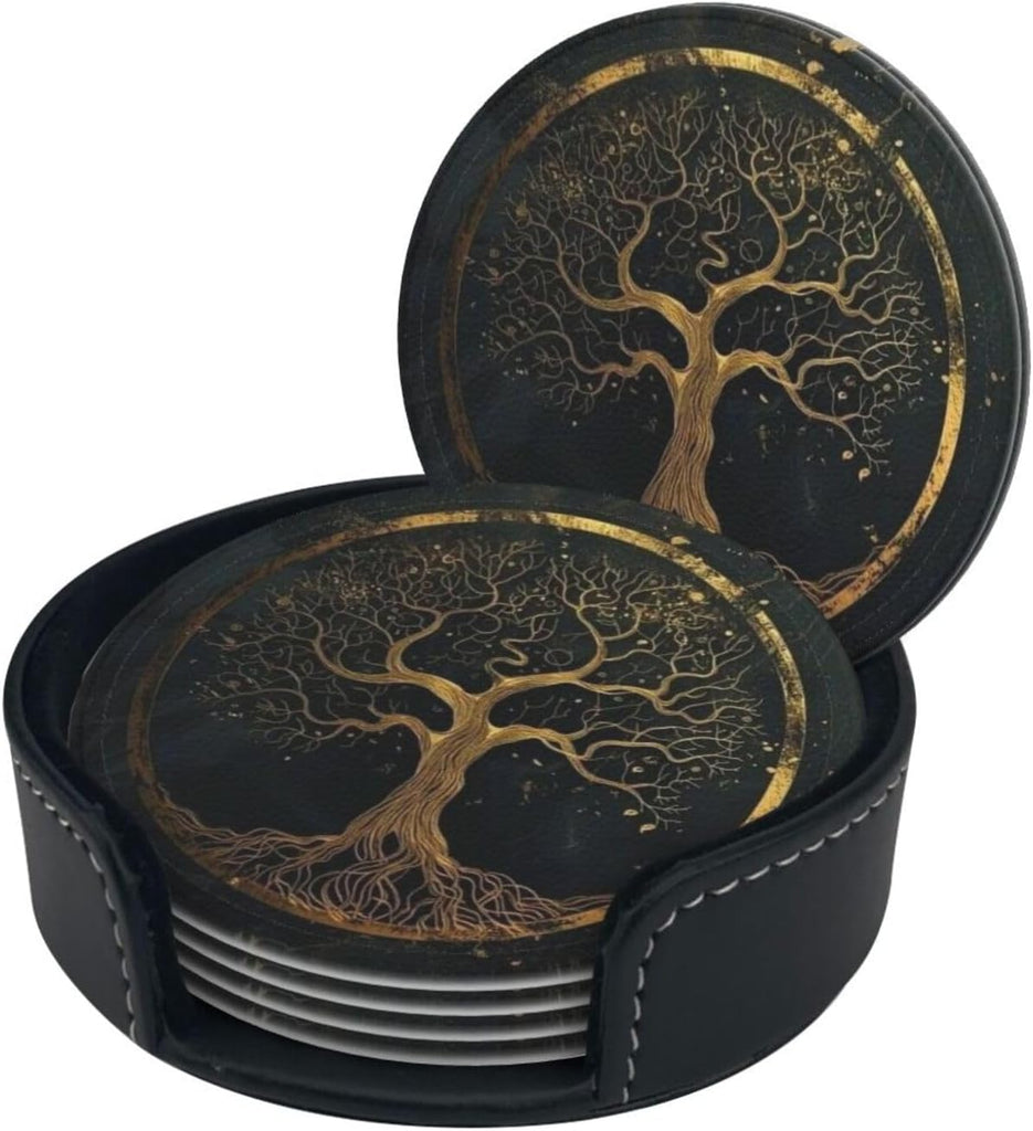 Drink Coasters with Holder Stand, Marble Gold Tree of Life Pu Leather Absorbent Coasters with Cork Base - Set of 6
