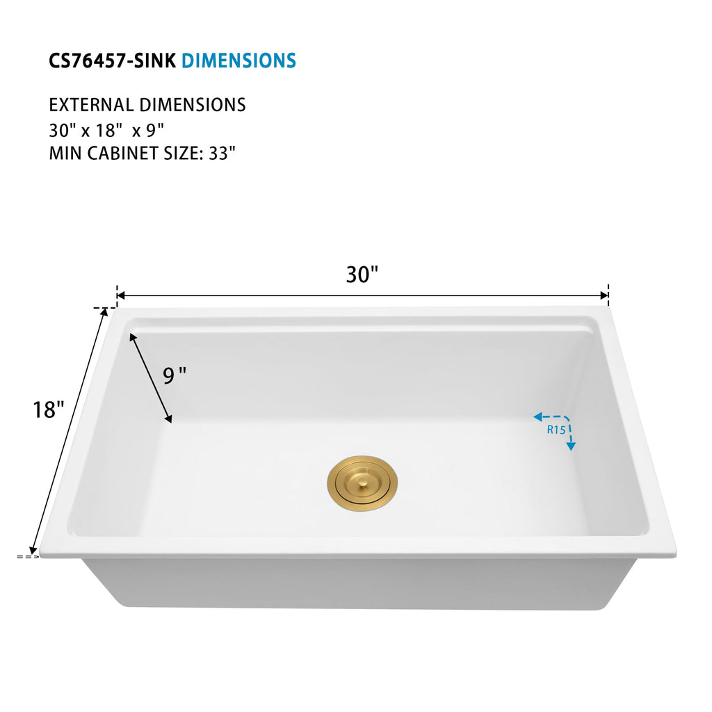 White Undermount Kitchen Sink 30 Inch, Workstation Granite Sink