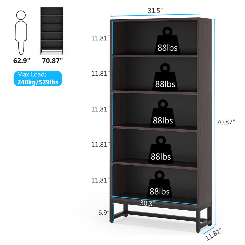 Tall Bookcase and Bookshelf, 70.8" Large Bookcases Organizer with 5-Tier Storage Shelves, Heavy Duty Free-Standing