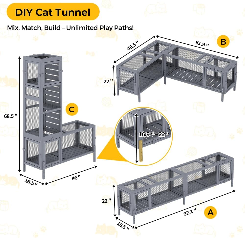 Customize Length Wooden Cat Play Tunnel with Platforms | Configurable Window Catio | Multi-Combination Extendable Cat