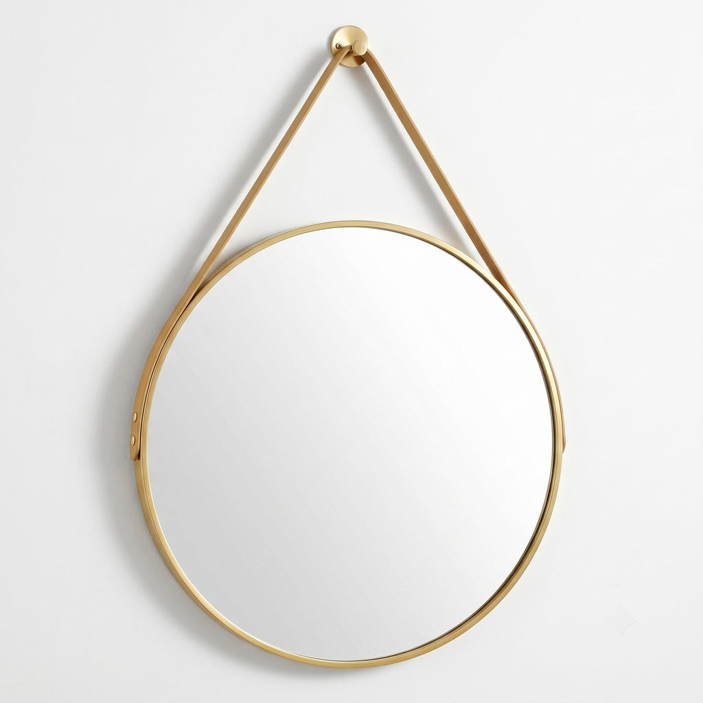 16" Gold Round Mirror, Circle Wall Mirror with Leather Strap