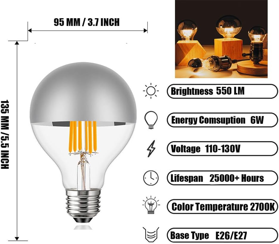 Half Chrome Light Bulb Dimmable G30 LED Decorative Bulb Globe Filament Bulb - 60W Equivalent, 550 Lumens 2700K Warm