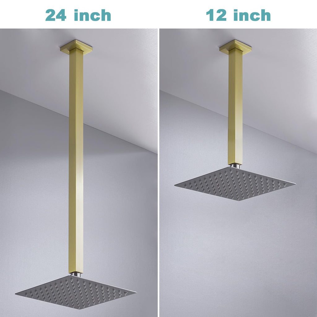 24 Inch Brushed Gold Ceiling Mount Shower Arm and Flange, Square Rain Shower Arm