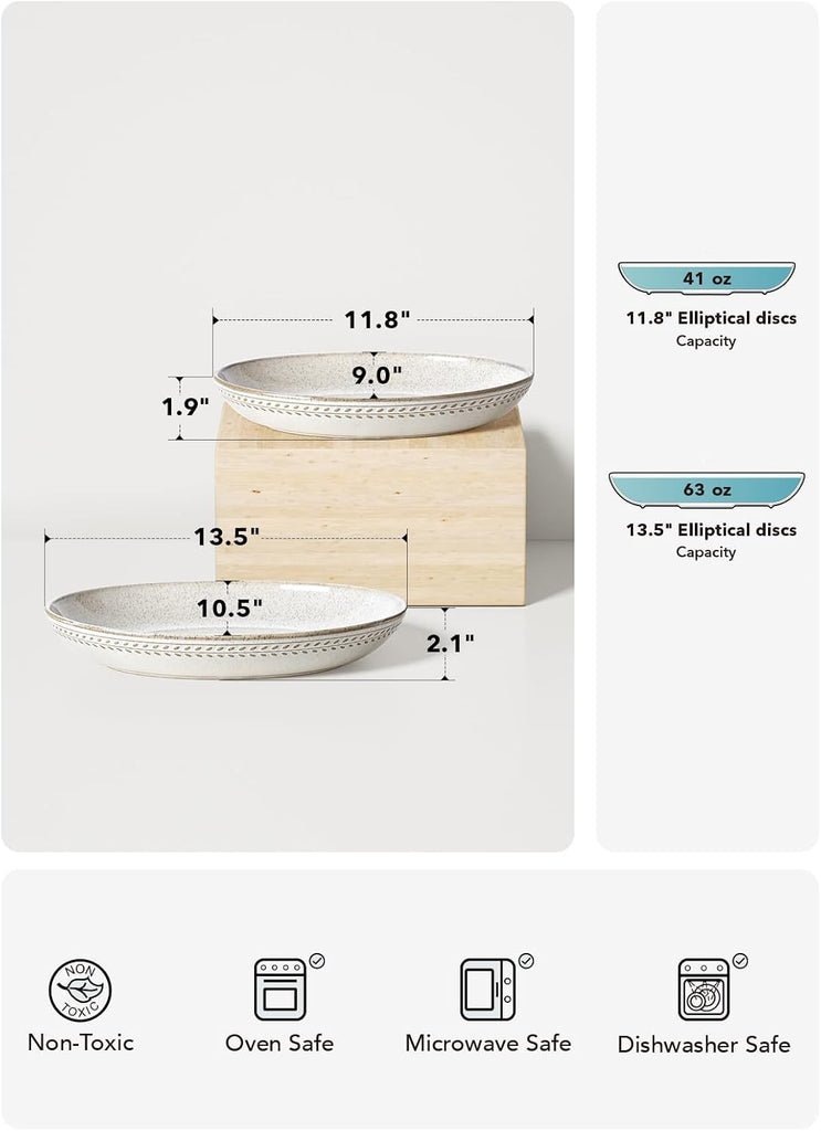 Ceramic Serving Bowls Set of 2, Large Oval Serving Dishes for Entertaining, 11.8 & 13.5 Inch Salad Bowl Counter