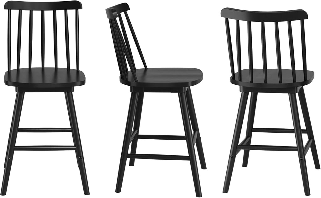 360° Swivel Bar Stools Set of 3, Black Windsor Barstools, Counter Height Barstool with Spindle Back, 24 inch