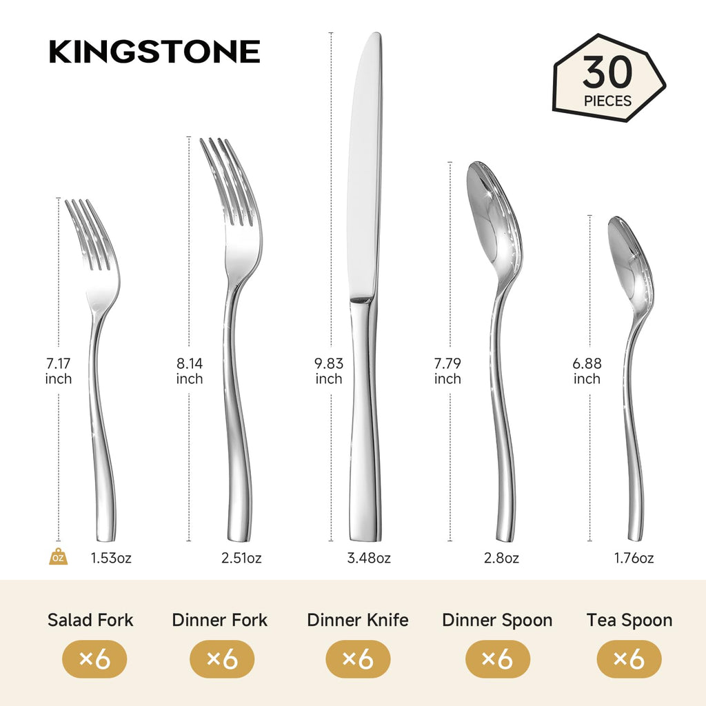 Flatware Set for 6, 30-Piece Stainless Steel Utensil Set with Forks, Knives, Spoons, Dishwasher Safe Silverware Set