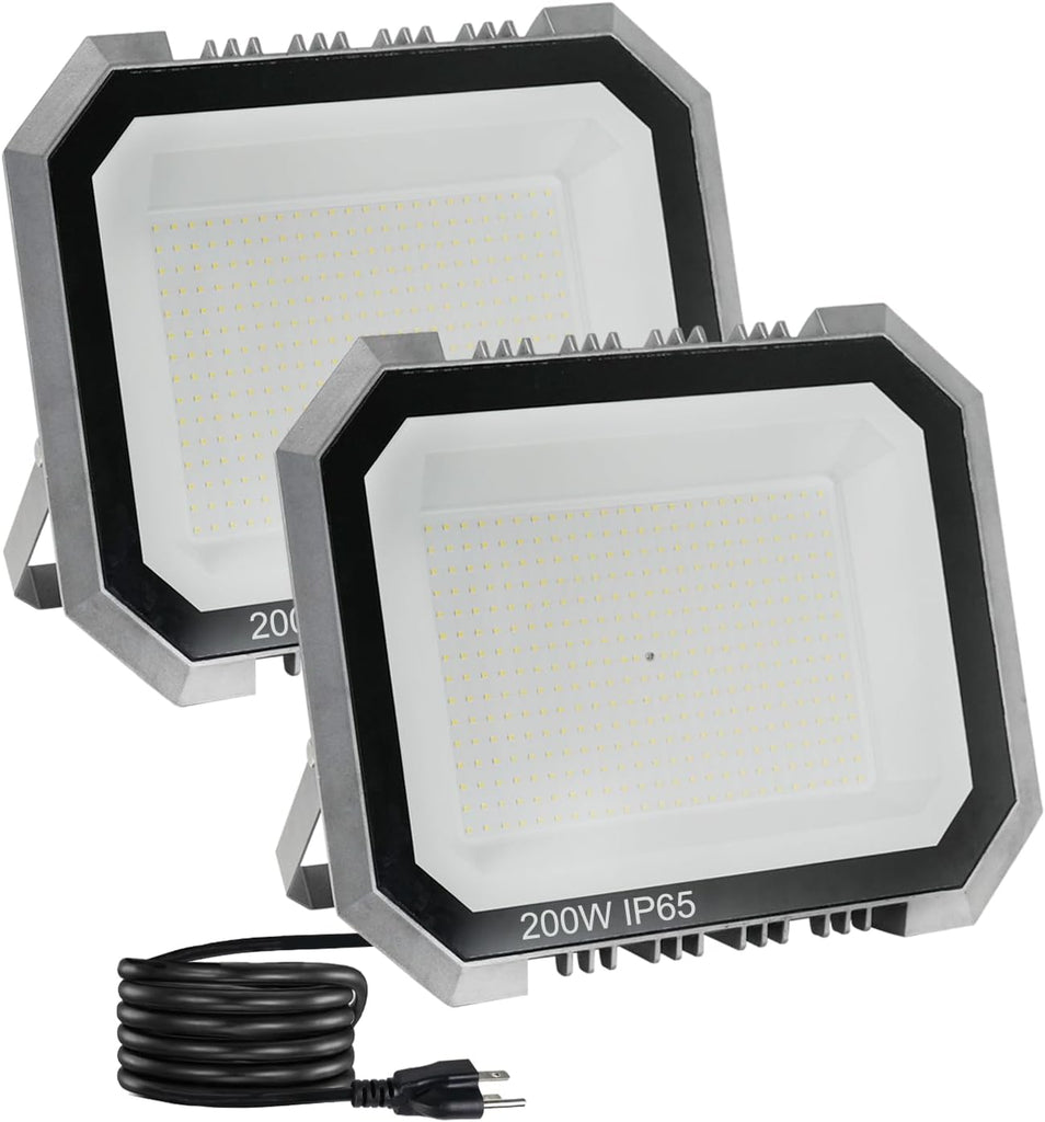 2 Pack LED Flood Lights Outdoor, 200W 20000LM Outside Work Light | Super Bright FloodLight with 5.9FT Plug, IP65