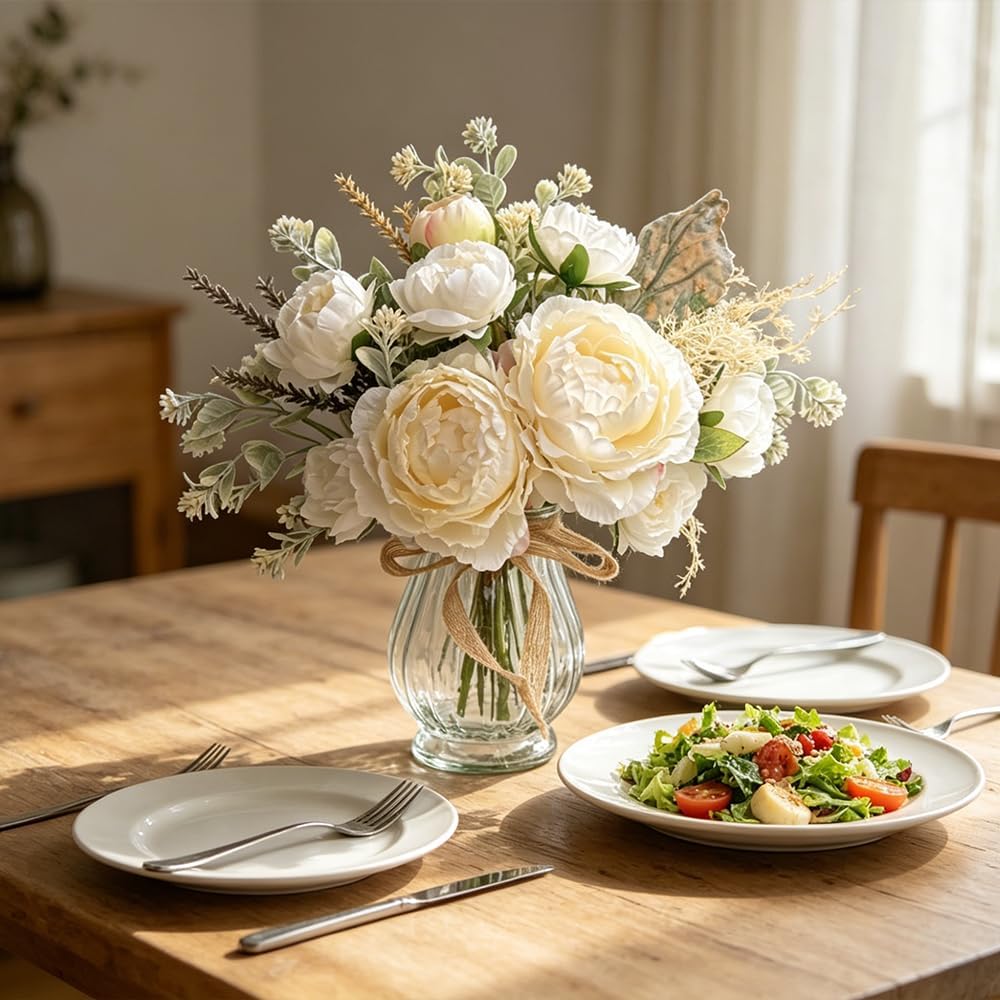 Faux Peonies White Artificial Flowers with Vase, 12.9''