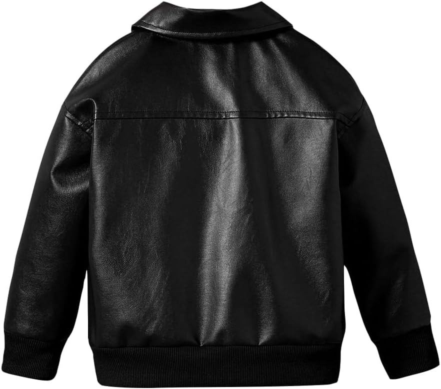 Toddler Boy Leather Jacket - Stylish Black Drop Shoulder Zip Up Leather Coat - Cool Boys Outwear Tops for Kids