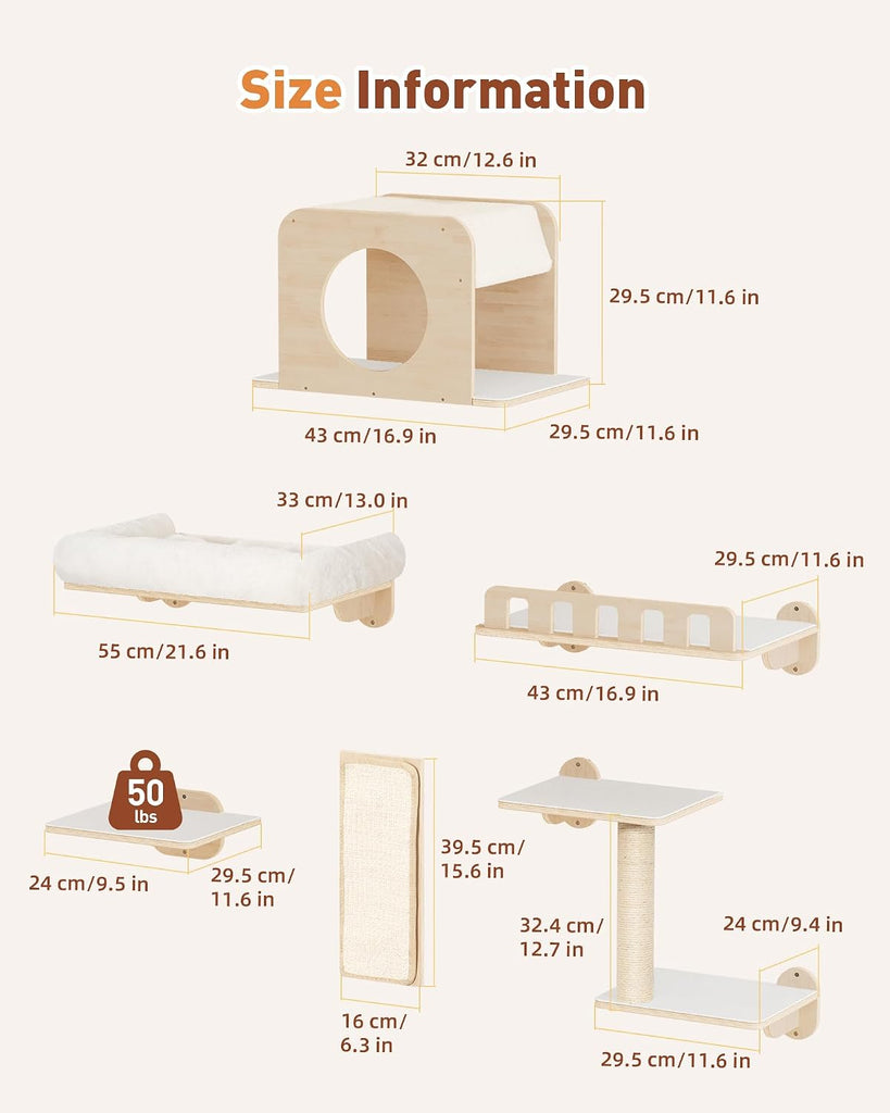 6-in-1 Cat Wall Shelves for Large Cats, Large Cat Bed, Wide Perch