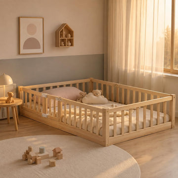 Montessori Floor Bed, Solid Wood Kids Bed Frame with Slats, Door and Safety Guardrails, 2 Door Latches, No